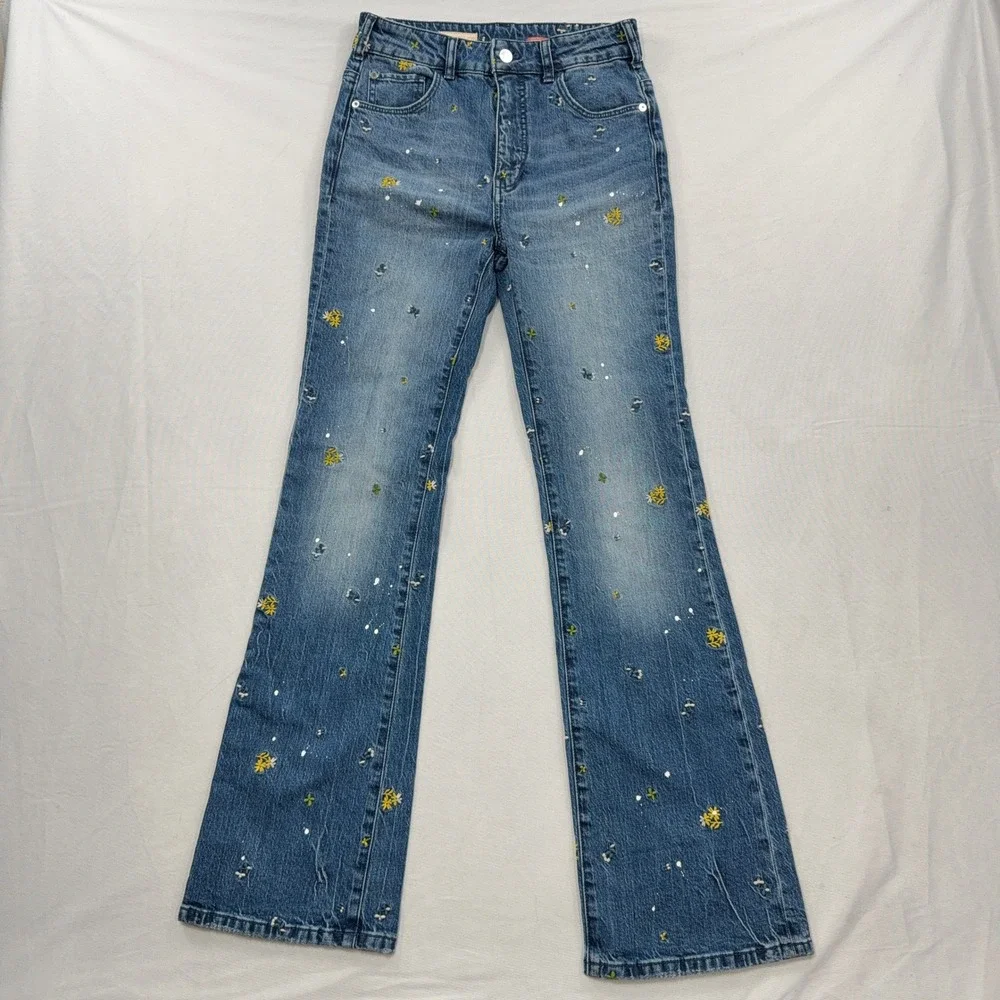 Pilcro Jeans The Icon Floral Embroidery Paint Splatter Blue Womens 25